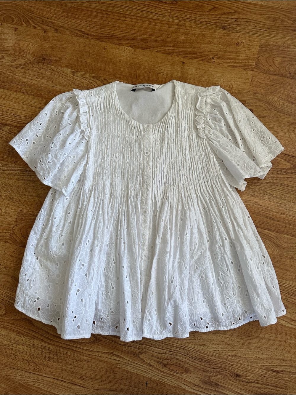 English Factory White Smocked Cotton Eyelet Top XS Button Up